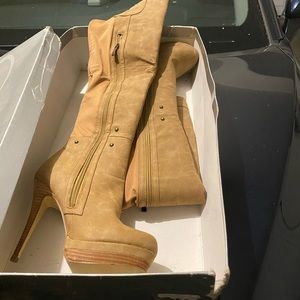 Above knee high heeledTan boots - good condition